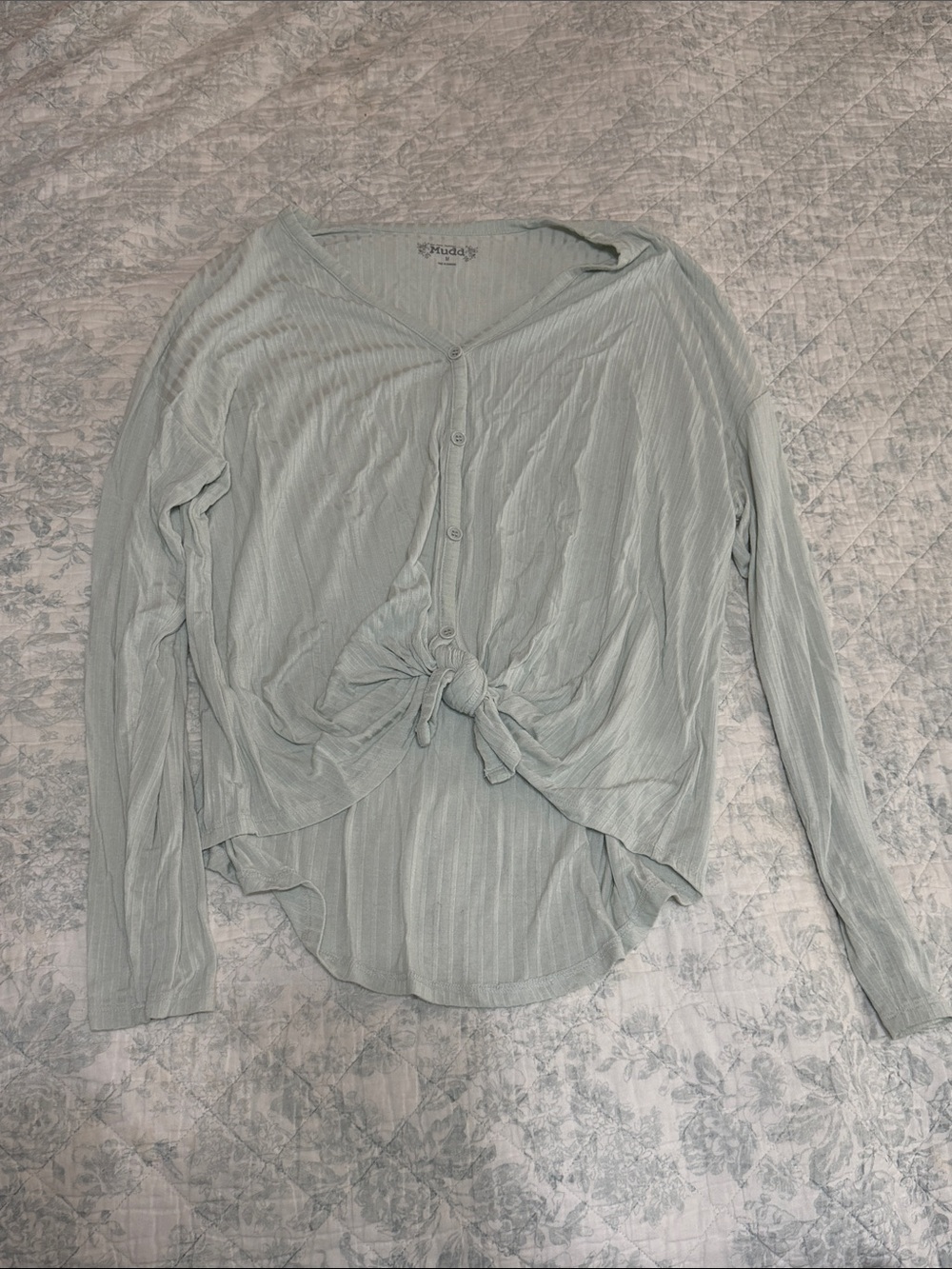 Mudd Light Sage Button-Front Tie-Waist Long Sleeve Top